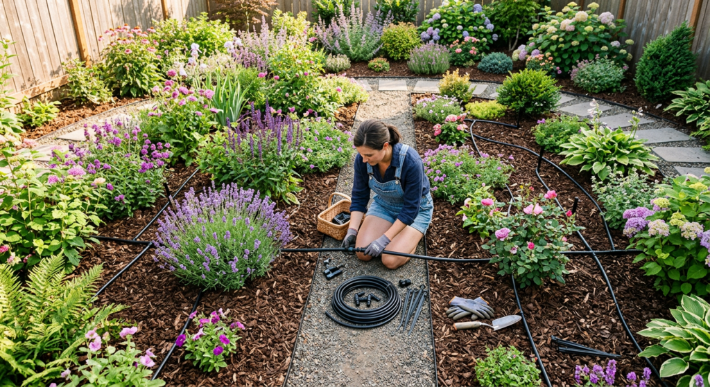 A professional, high-angle editorial photograph of a lush home garden irrigation system being instal