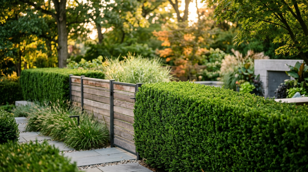 A professional, editorial-style photograph of a lush, perfectly manicured green hedge framing a mode