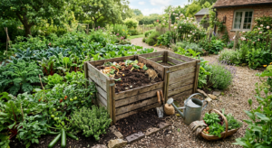 A high-angle, professional editorial shot of a lush home garden featuring a wooden composting bin fi