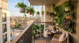 A high-angle, professional architectural shot of a cozy, modern small urban balcony featuring lush v