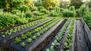 A high-angle, professional editorial shot of a lush garden bed featuring neat rows of young plants g