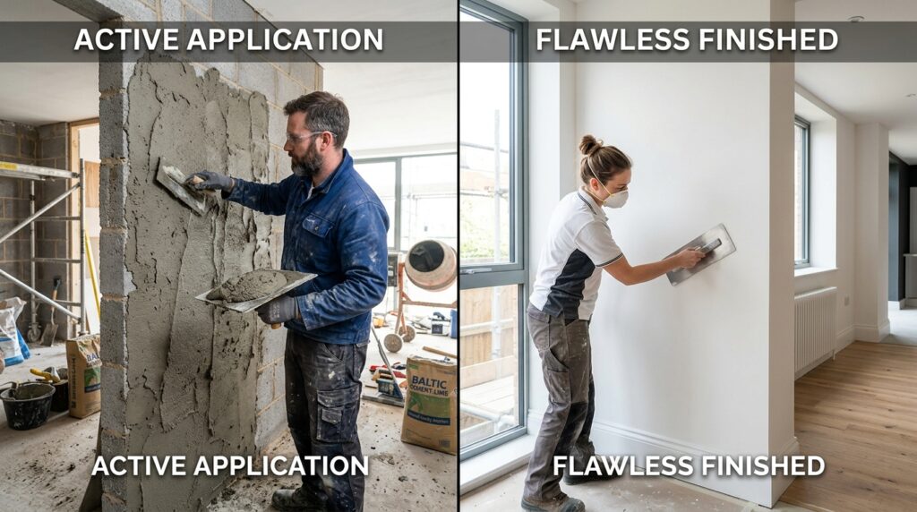 A high-quality, split-screen composition showing a professional wall plastering process on one side
