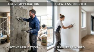 A high-quality, split-screen composition showing a professional wall plastering process on one side
