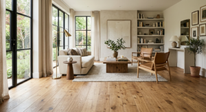 A high-end, editorial-style interior design shot of a modern, sunlit living room featuring premium h