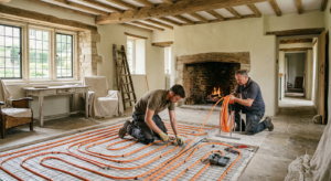 A professional architectural interior shot showing the careful installation of floor heating pipes i