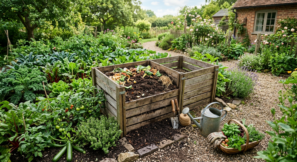A high-angle, professional editorial shot of a lush home garden featuring a wooden composting bin fi