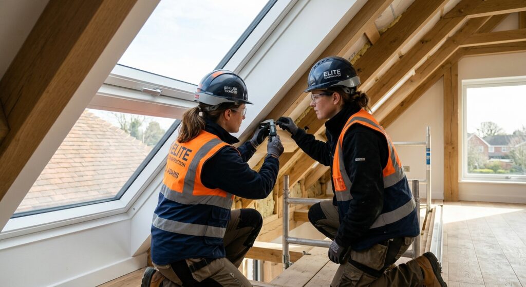 A professional, editorial-style shot of a construction worker inspecting a roof window installation