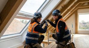 A professional, editorial-style shot of a construction worker inspecting a roof window installation